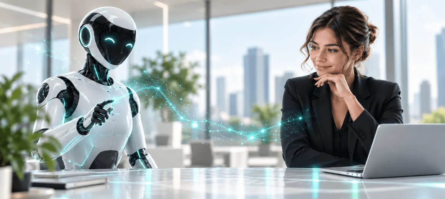 Robot y una profesional en una oficina, unidos por una red de datos